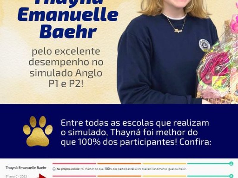 Parabenizamos a aluna Thayná Emanuelle Baehr pelo excelente desempenho no simulado ANGLO P1 e P2.